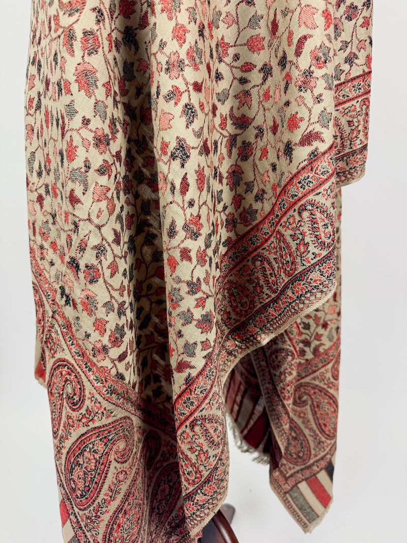 Light Beige Color Viscose Blend Wool Stole Scarf | Chinar Leaves Pattern with Parsley Design | Soft Shawl, Stoles and Wraps