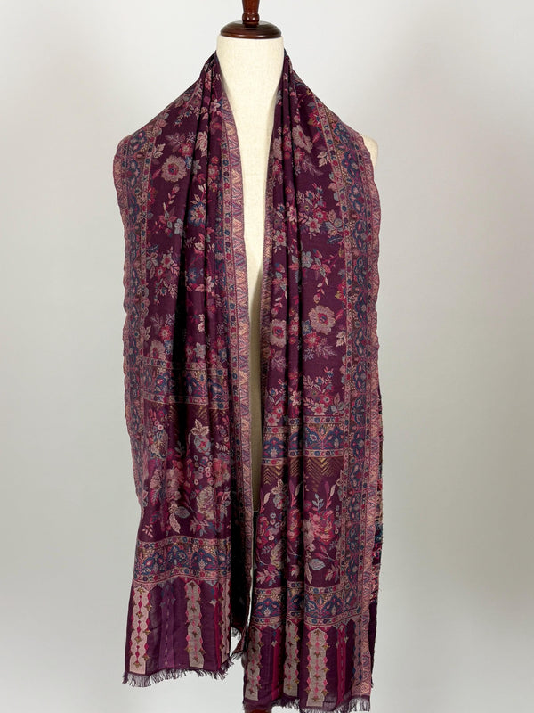 Eggplant Purple Color Premium Wool Kani Weave Cashmere Shawl | Kani Weave Cashmere Wrap | Wool Stole and Shawl | Floral Jaal Shawls