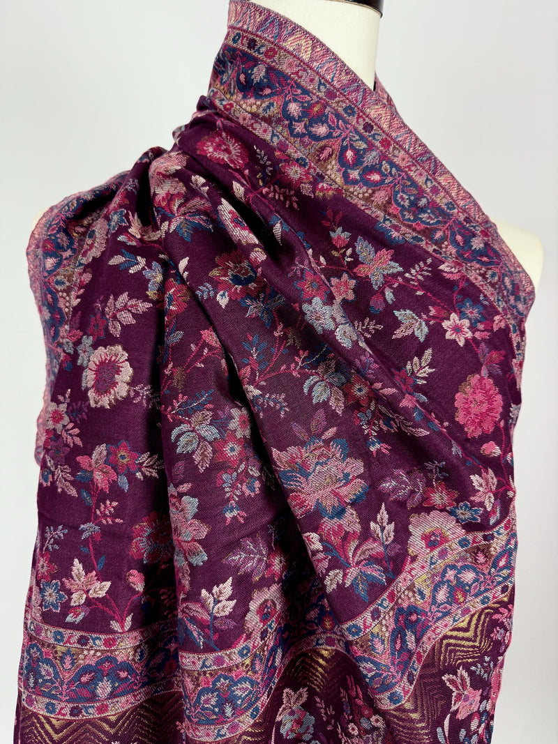 Eggplant Purple Color Premium Wool Kani Weave Cashmere Shawl | Kani Weave Cashmere Wrap | Wool Stole and Shawl | Floral Jaal Shawls