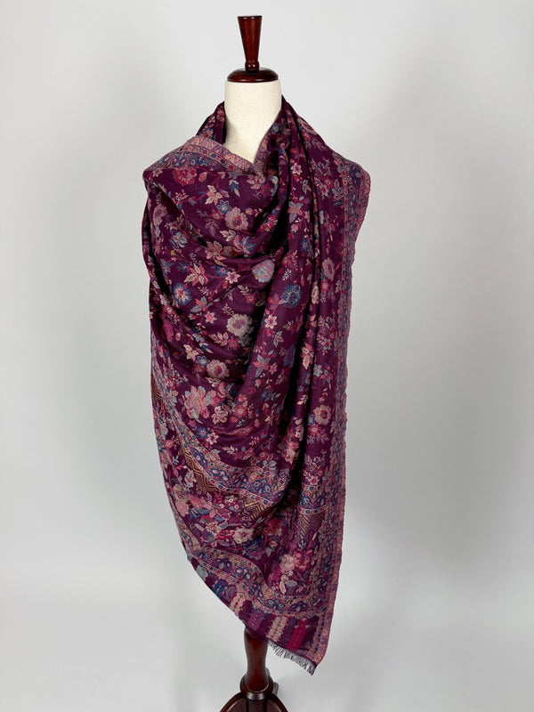 Eggplant Purple Color Premium Wool Kani Weave Cashmere Shawl | Kani Weave Cashmere Wrap | Wool Stole and Shawl | Floral Jaal Shawls