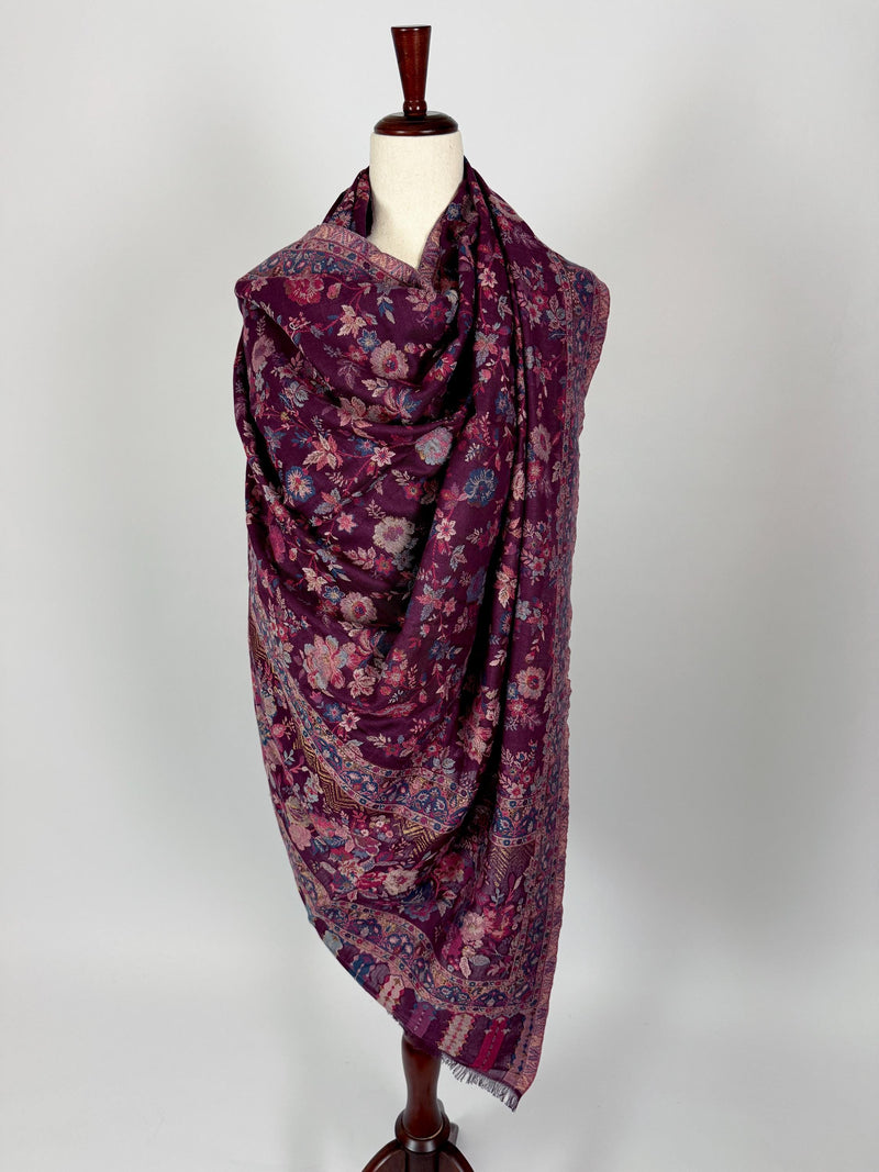 Eggplant Purple Color Premium Wool Kani Weave Cashmere Shawl | Kani Weave Cashmere Wrap | Wool Stole and Shawl | Floral Jaal Shawls