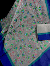 Handmade Grey Color Banarasi Kora Organza Saree with Raw Silk Patta on the Border | Floral Embroidery  Saree | Ships from California