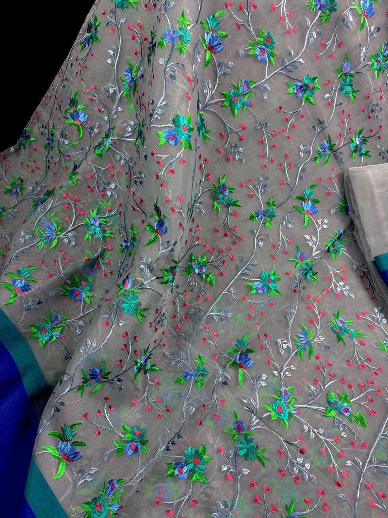 Handmade Grey Color Banarasi Kora Organza Saree with Raw Silk Patta on the Border | Floral Embroidery  Saree | Ships from California