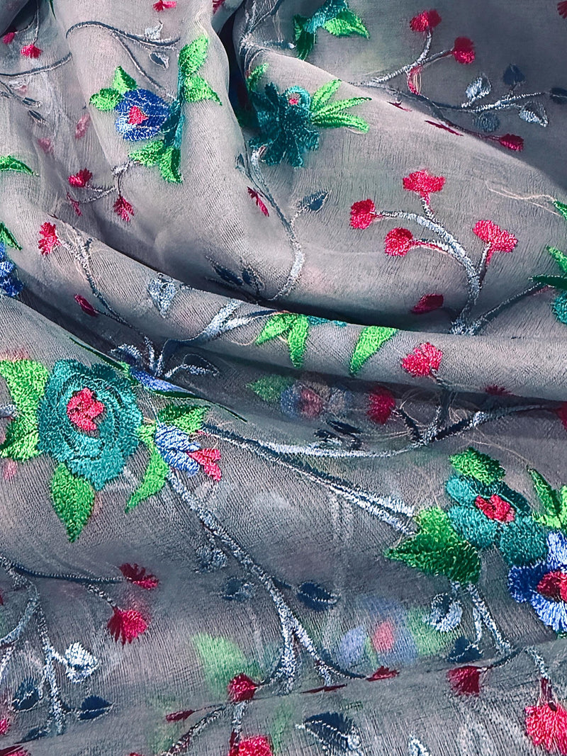 Handmade Grey Color Banarasi Kora Organza Saree with Raw Silk Patta on the Border | Floral Embroidery  Saree | Ships from California