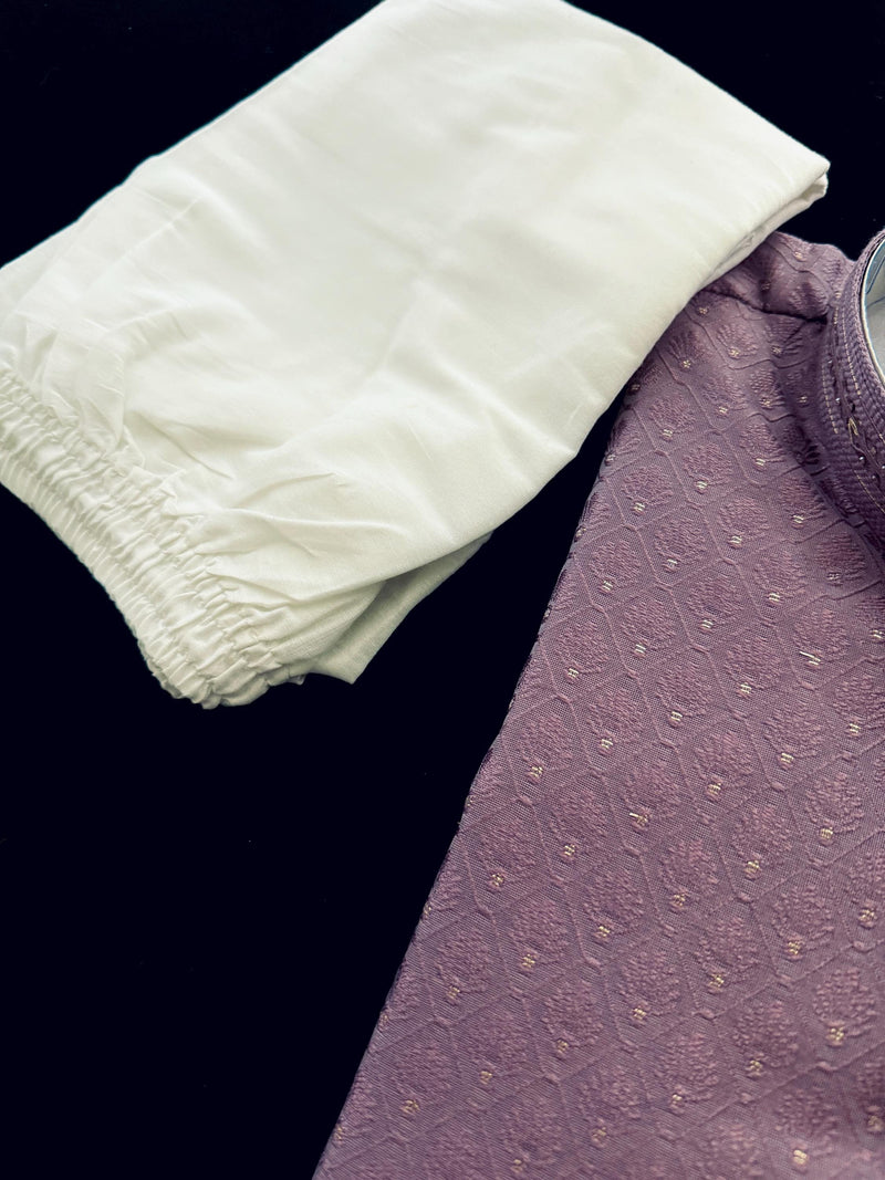 Pastel Lavender Color Kurta with Self Embroidery and Tiny Zari Buttis | Designer Kurta Pajama Set for Men | Wedding & Party Wear