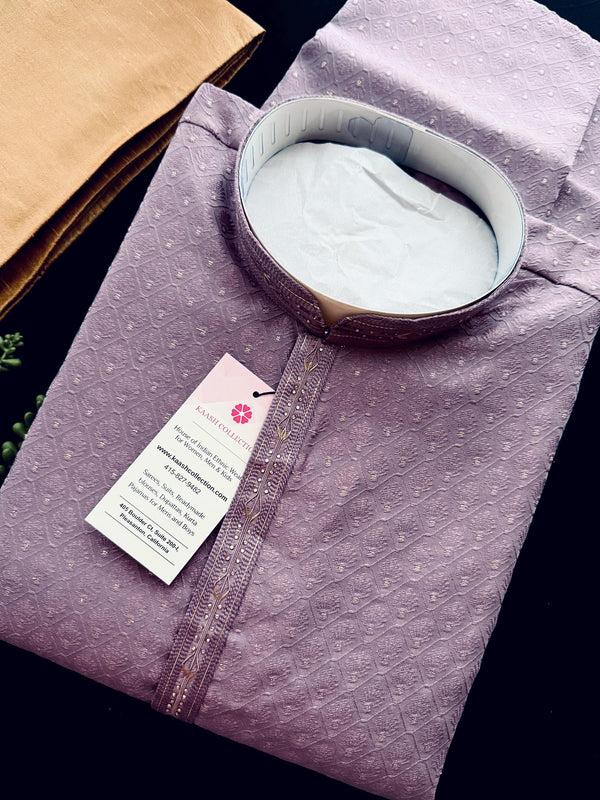 Pastel Lavender Color Kurta with Self Embroidery and Tiny Zari Buttis | Designer Kurta Pajama Set for Men | Wedding & Party Wear