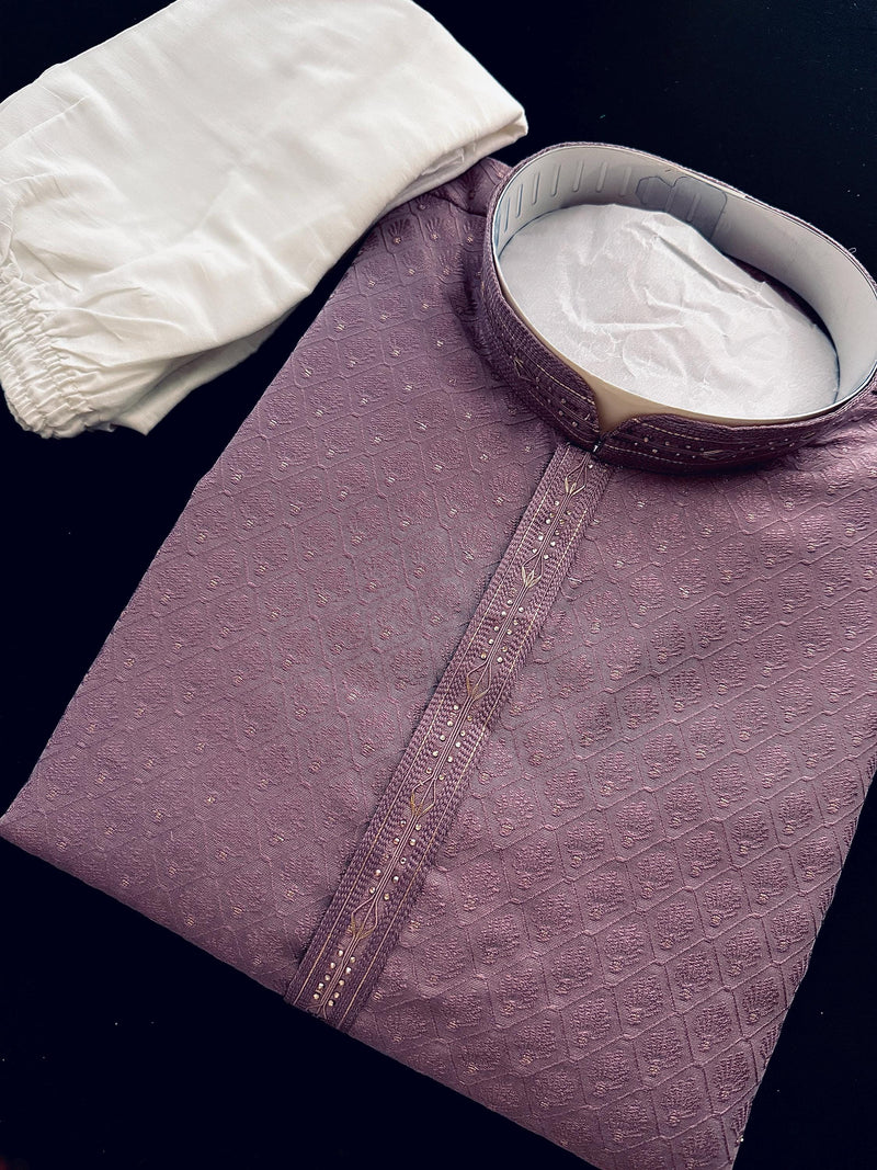 Pastel Lavender Color Kurta with Self Embroidery and Tiny Zari Buttis | Designer Kurta Pajama Set for Men | Wedding & Party Wear