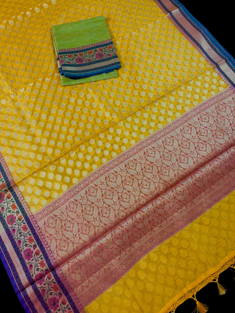 Handmade Yellow Color Banarasi Kora Organza Silk Saree with Meenakari Floral Border Work | Banarasi Light Weight Sarees