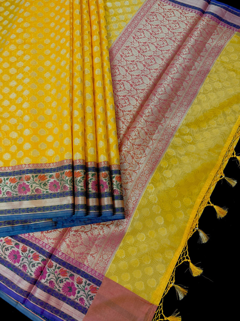 Handmade Yellow Color Banarasi Kora Organza Silk Saree with Meenakari Floral Border Work | Banarasi Light Weight Sarees