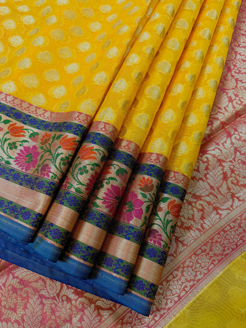 Handmade Yellow Color Banarasi Kora Organza Silk Saree with Meenakari Floral Border Work | Banarasi Light Weight Sarees
