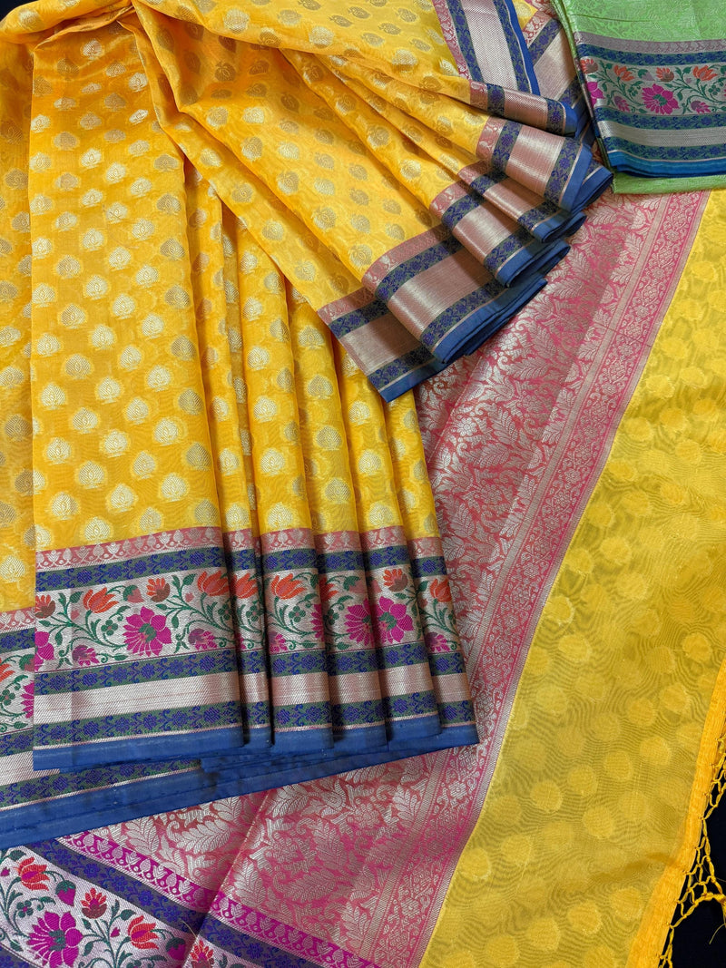 Handmade Yellow Color Banarasi Kora Organza Silk Saree with Meenakari Floral Border Work | Banarasi Light Weight Sarees