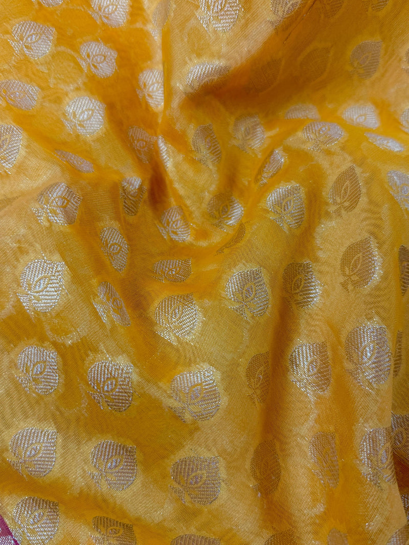 Handmade Yellow Color Banarasi Kora Organza Silk Saree with Meenakari Floral Border Work | Banarasi Light Weight Sarees