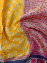 Handmade Yellow Color Banarasi Kora Organza Silk Saree with Meenakari Floral Border Work | Banarasi Light Weight Sarees