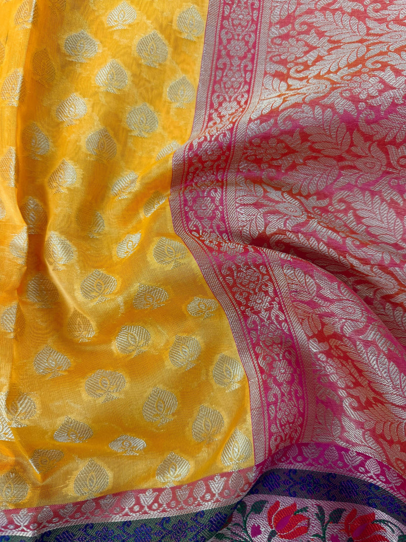 Handmade Yellow Color Banarasi Kora Organza Silk Saree with Meenakari Floral Border Work | Banarasi Light Weight Sarees
