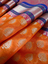 Handmade Orange Color Banarasi Kora Organza Silk Saree with Meenakari Floral Border Work | Banarasi Light Weight Sarees