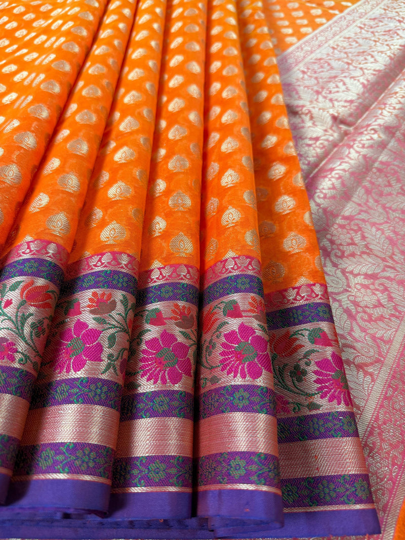 Handmade Orange Color Banarasi Kora Organza Silk Saree with Meenakari Floral Border Work | Banarasi Light Weight Sarees