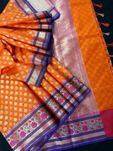 Handmade Orange Color Banarasi Kora Organza Silk Saree with Meenakari Floral Border Work | Banarasi Light Weight Sarees