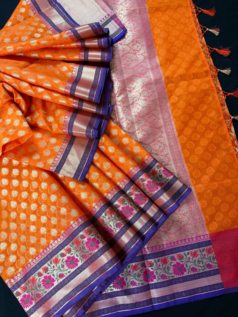 Handmade Orange Color Banarasi Kora Organza Silk Saree with Meenakari Floral Border Work | Banarasi Light Weight Sarees