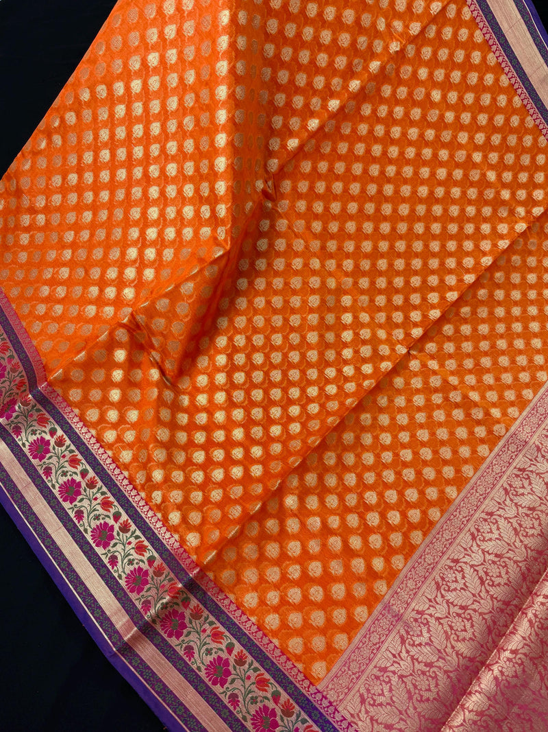 Handmade Orange Color Banarasi Kora Organza Silk Saree with Meenakari Floral Border Work | Banarasi Light Weight Sarees