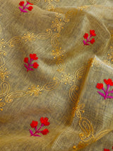 Statement Handmade Yellow Gold Color Saree in Kota doriya with Tissue | Floral Emberiodery | Tissue Saree | Soft and Light Weight Saree