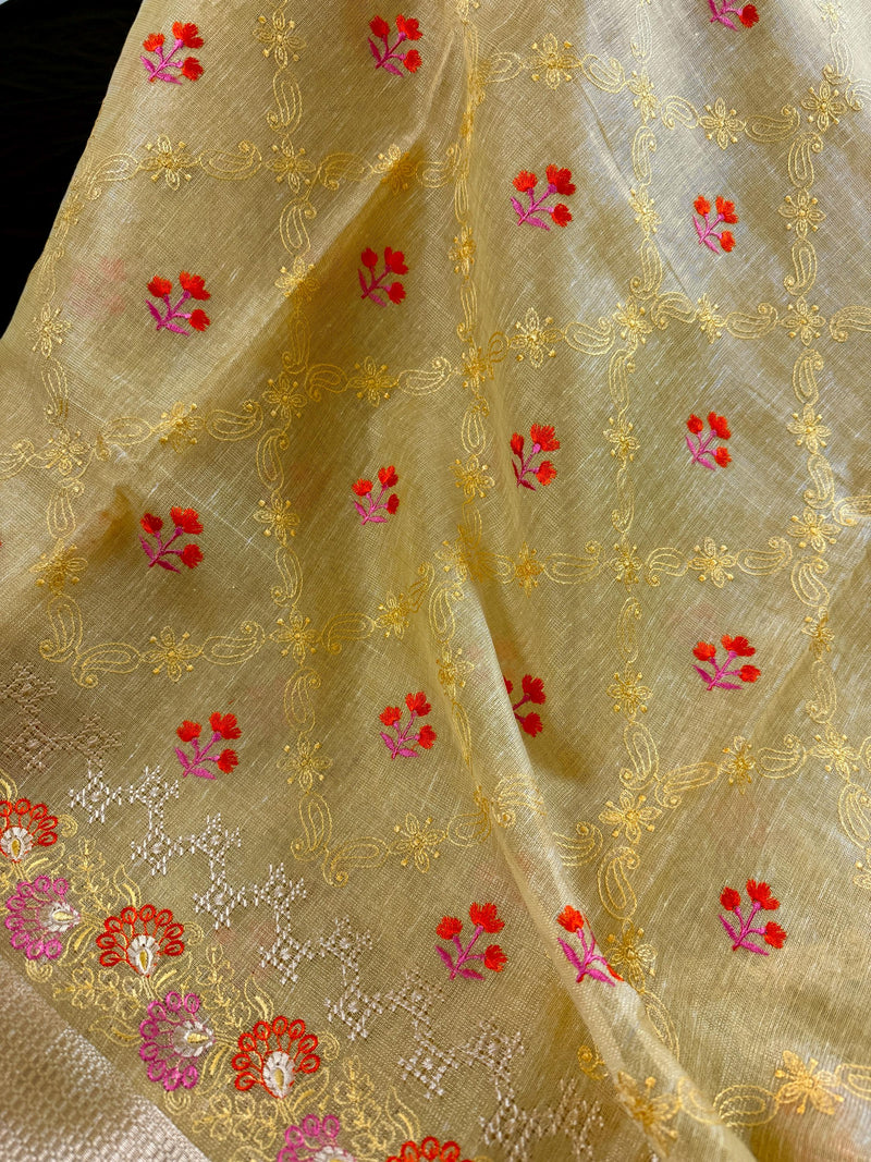 Statement Handmade Yellow Gold Color Saree in Kota doriya with Tissue | Floral Emberiodery | Tissue Saree | Soft and Light Weight Saree