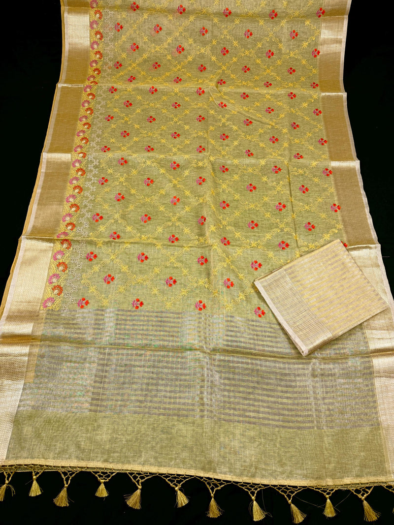 Statement Handmade Yellow Gold Color Saree in Kota doriya with Tissue | Floral Emberiodery | Tissue Saree | Soft and Light Weight Saree
