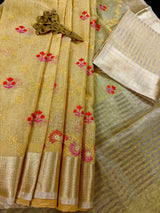 Statement Handmade Yellow Gold Color Saree in Kota doriya with Tissue | Floral Emberiodery | Tissue Saree | Soft and Light Weight Saree