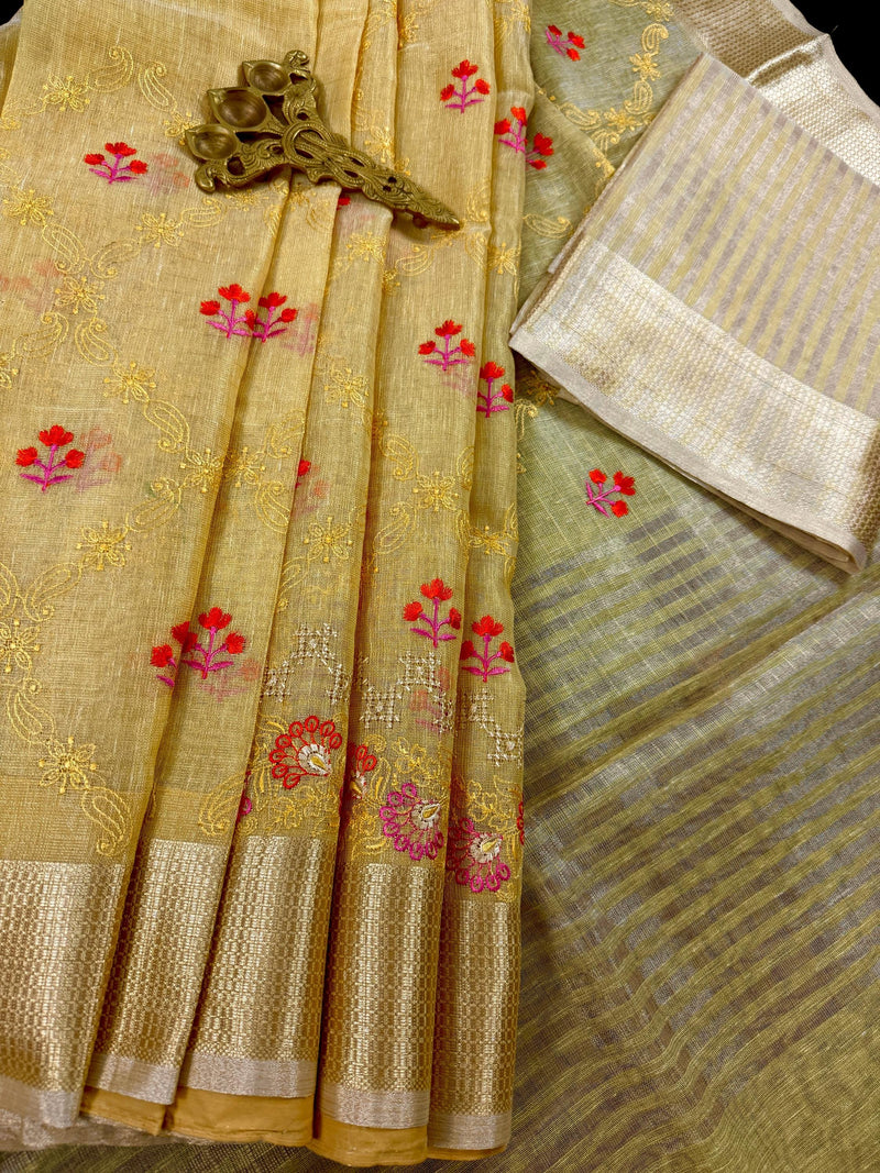 Statement Handmade Yellow Gold Color Saree in Kota doriya with Tissue | Floral Emberiodery | Tissue Saree | Soft and Light Weight Saree
