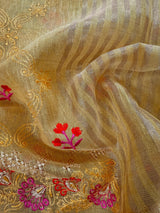 Statement Handmade Yellow Gold Color Saree in Kota doriya with Tissue | Floral Emberiodery | Tissue Saree | Soft and Light Weight Saree