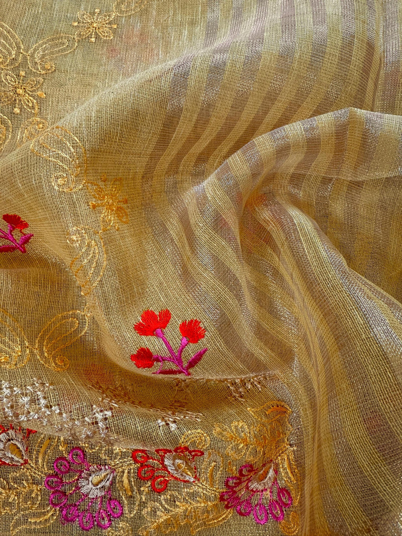 Statement Handmade Yellow Gold Color Saree in Kota doriya with Tissue | Floral Emberiodery | Tissue Saree | Soft and Light Weight Saree