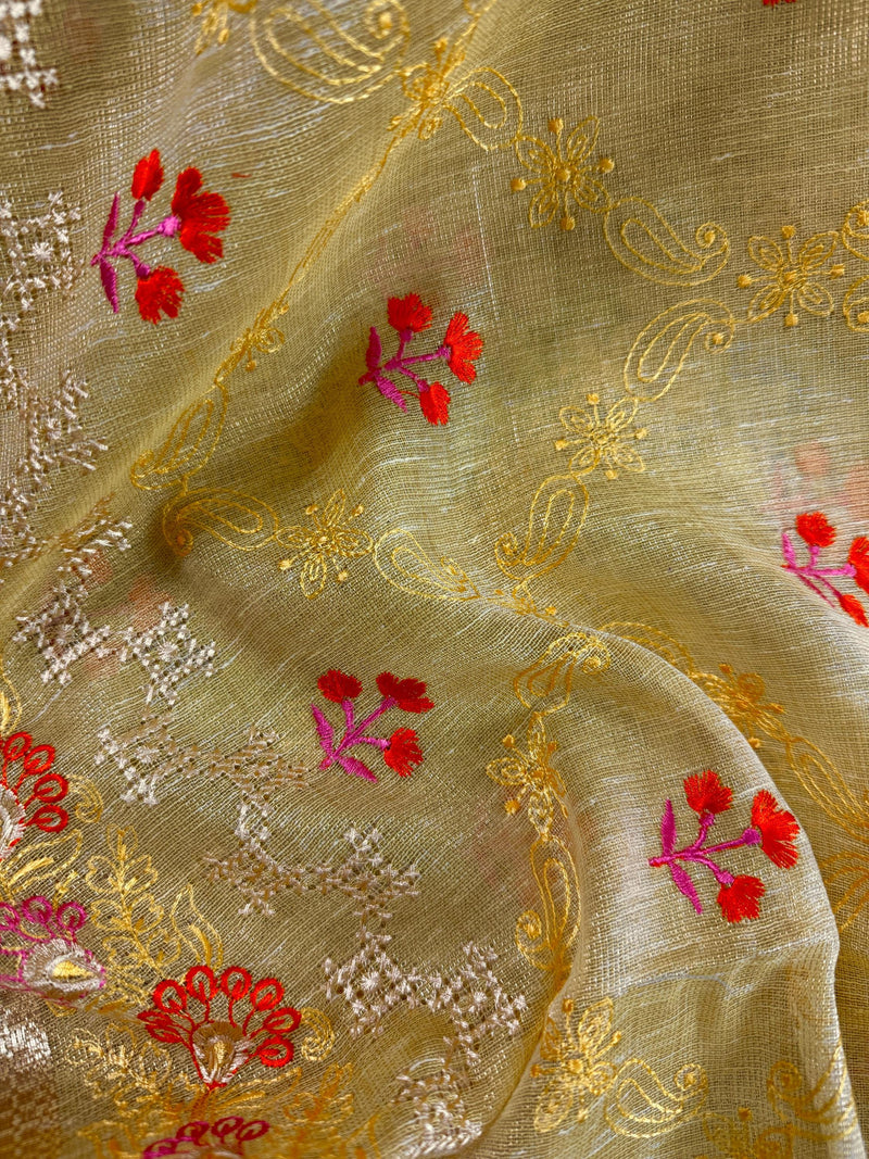 Statement Handmade Yellow Gold Color Saree in Kota doriya with Tissue | Floral Emberiodery | Tissue Saree | Soft and Light Weight Saree