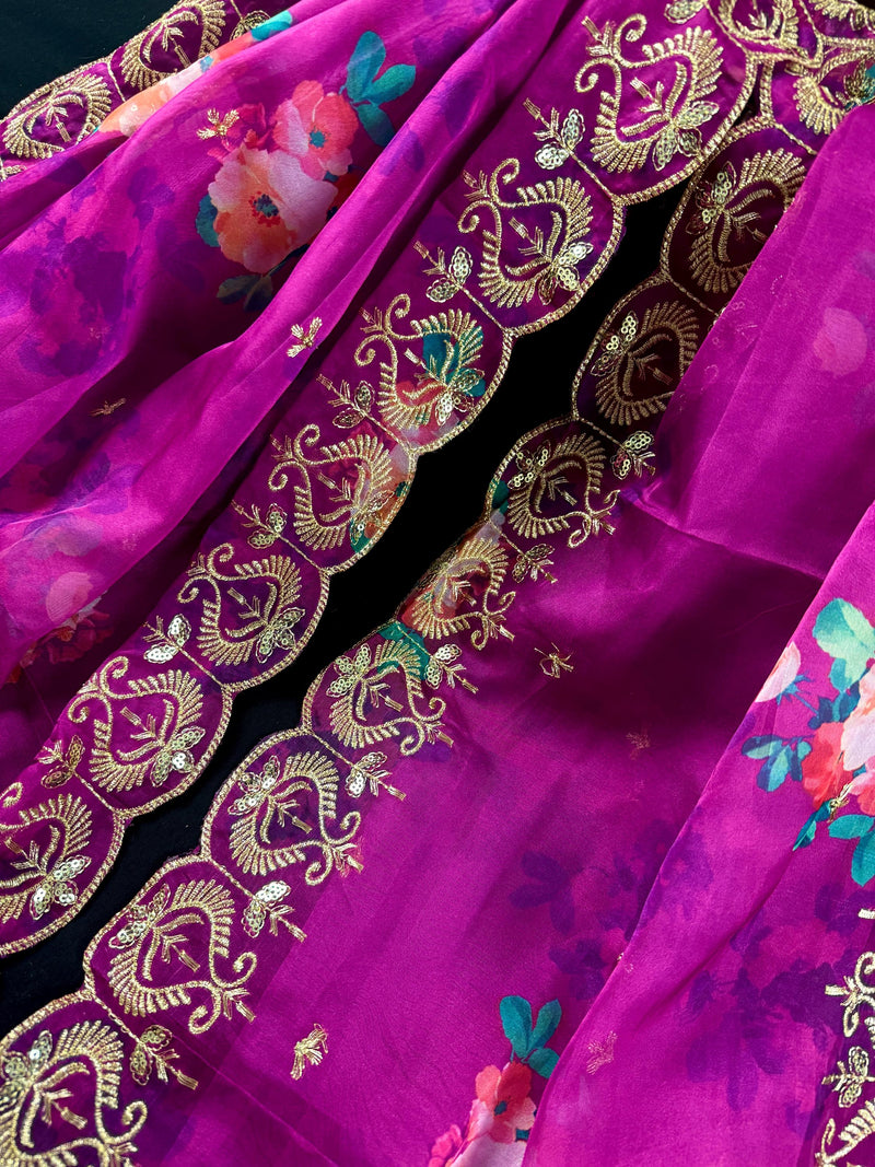 Purple Pink Color Soft Organza Dupatta with Embroidery, Sequin and Zari with Floral Digital Prints