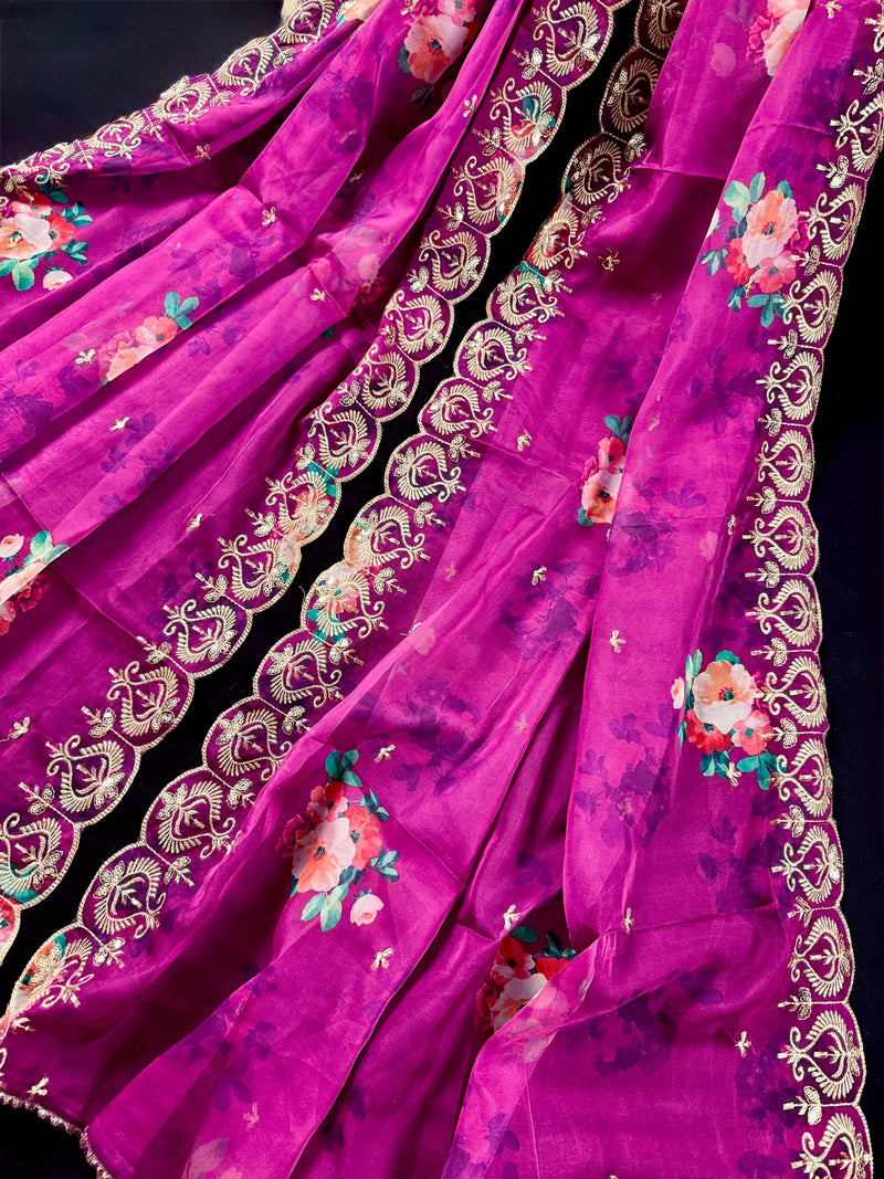 Purple Pink Color Soft Organza Dupatta with Embroidery, Sequin and Zari with Floral Digital Prints
