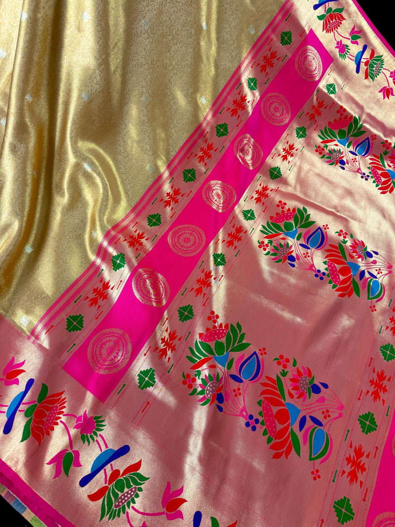 Statement Gold Color Paithani Banarasi Soft Silk Saree with Tanchoi Meenakari Work | Banarasi Soft Saree | Paithani Sarees