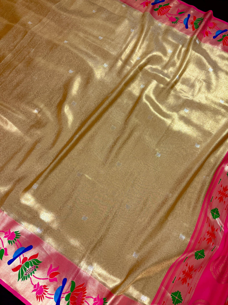 Statement Gold Color Paithani Banarasi Soft Silk Saree with Tanchoi Meenakari Work | Banarasi Soft Saree | Paithani Sarees
