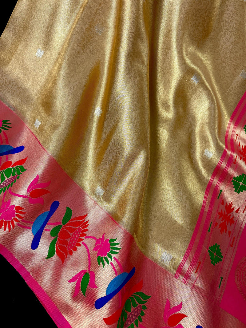 Statement Gold Color Paithani Banarasi Soft Silk Saree with Tanchoi Meenakari Work | Banarasi Soft Saree | Paithani Sarees