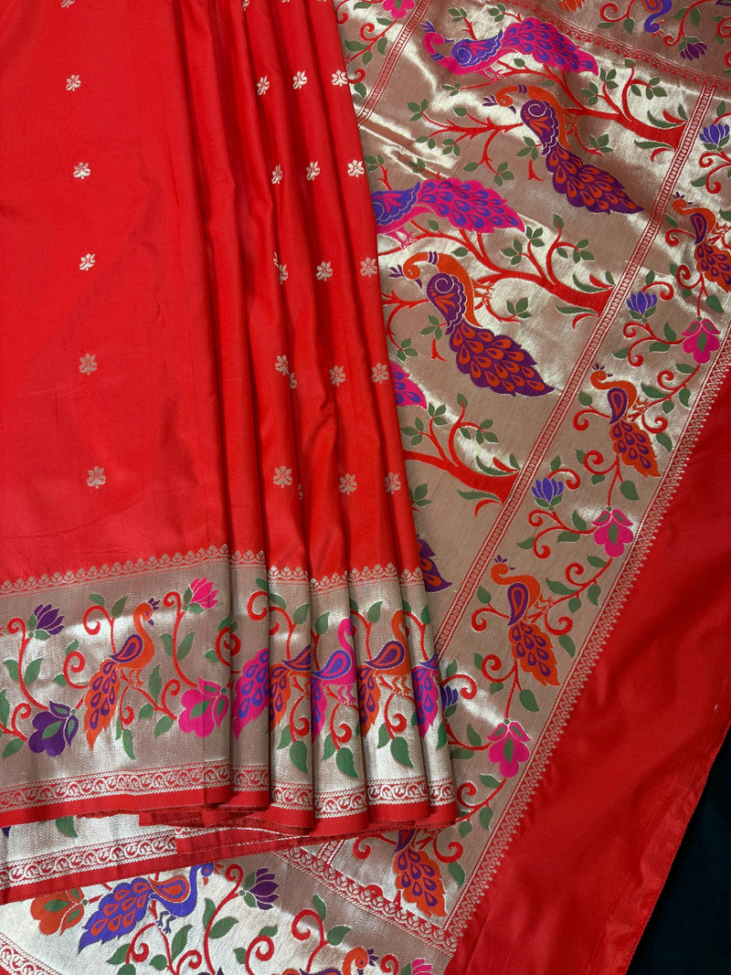 Red Paithani Soft Silk Saree | Paithani Design Saree | Red Color Saree | Soft Silk Sarees | Festival and Party Wear Sarees