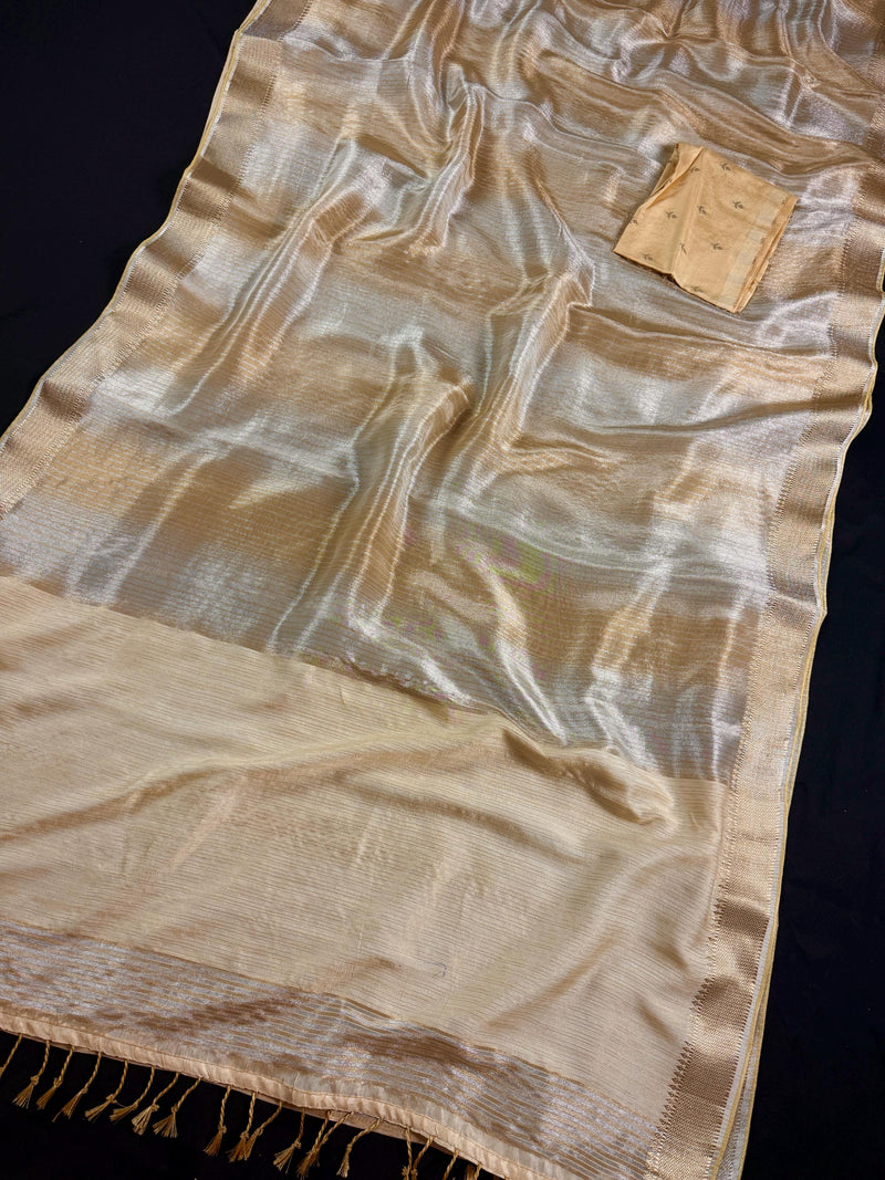 Statement Handmade Champagne Color thin Striped Banarasi Satin Tissue Silk Saree | Ships from California