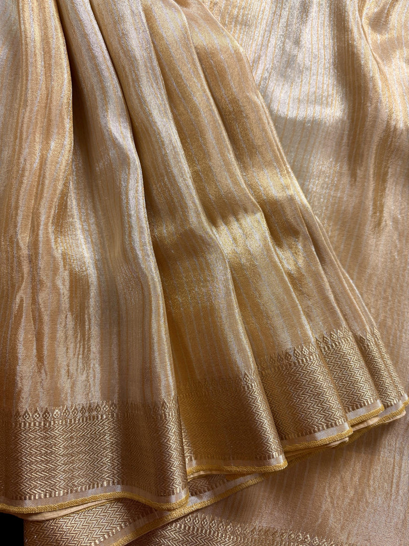 Statement Handmade Champagne Color thin Striped Banarasi Satin Tissue Silk Saree