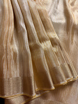 Statement Handmade Champagne Color thin Striped Banarasi Satin Tissue Silk Saree | Ships from California