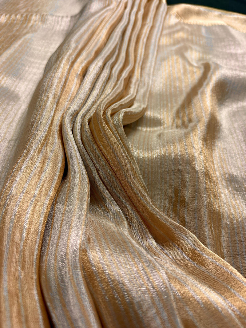 Statement Handmade Champagne Color thin Striped Banarasi Satin Tissue Silk Saree