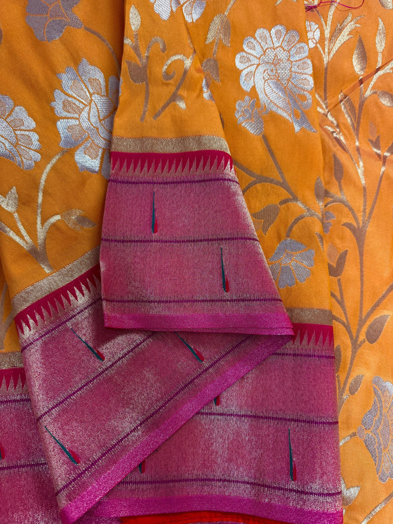 Mango Yellow and Pink Color Paithani Saree | Banarasi Soft Silk Saree in Mango Yellow Color