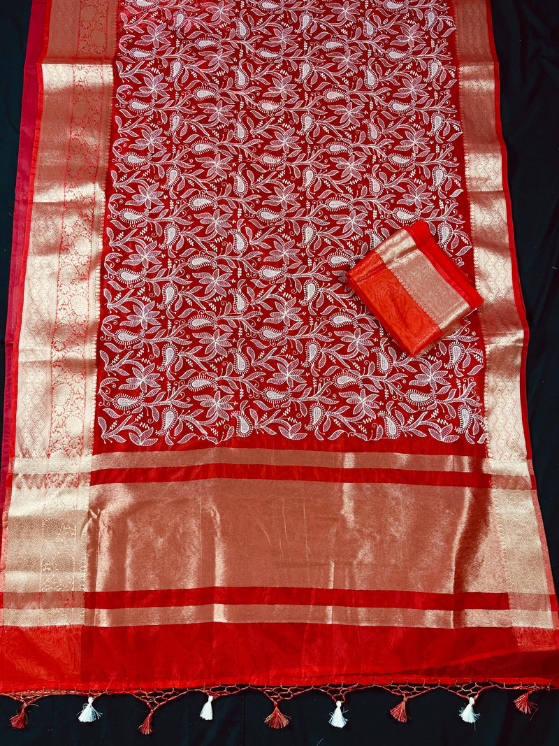 Red Color Banarasi Kora Organza Silk Saree with White Color Emberiodery | Party Wear Sarees | Statement Sarees | Paisley Pattern Sarees