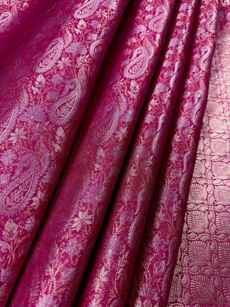 Rani Pink Color Banarasi Brocade Handloom Saree | Parsley design in Sliver and Gold Zari Weave | Banarasi Silk Sarees in Brocade