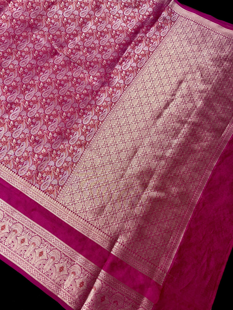 Rani Pink Color Banarasi Brocade Handloom Saree | Parsley design in Sliver and Gold Zari Weave | Banarasi Silk Sarees in Brocade