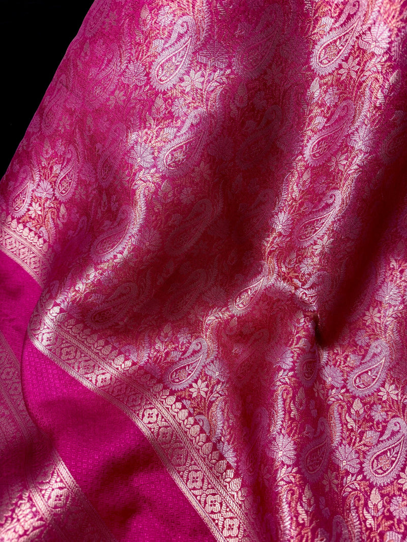Rani Pink Color Banarasi Brocade Handloom Saree | Parsley design in Sliver and Gold Zari Weave | Banarasi Silk Sarees in Brocade