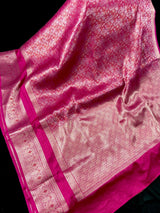 Rani Pink Color Banarasi Brocade Handloom Saree | Parsley design in Sliver and Gold Zari Weave | Banarasi Silk Sarees in Brocade