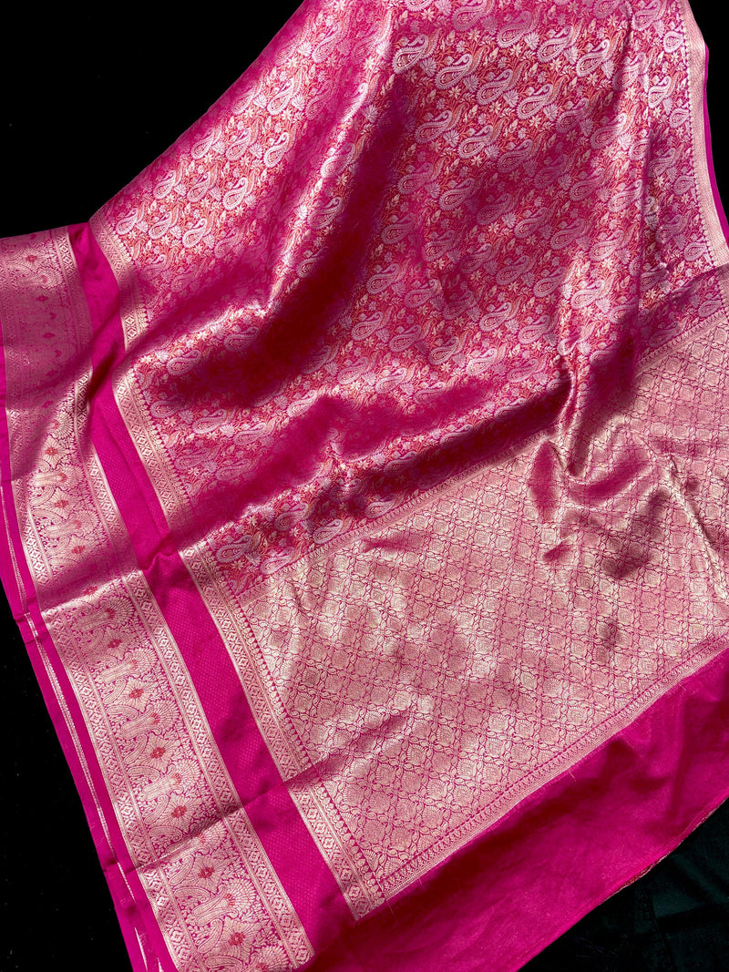 Rani Pink Color Banarasi Brocade Handloom Saree | Parsley design in Sliver and Gold Zari Weave | Banarasi Silk Sarees in Brocade