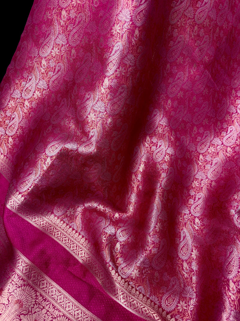 Rani Pink Color Banarasi Brocade Handloom Saree | Parsley design in Sliver and Gold Zari Weave | Banarasi Silk Sarees in Brocade