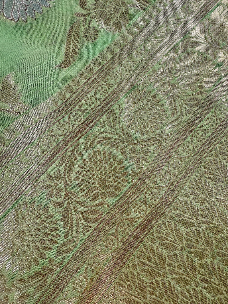 Pastel Green Color Linen Silk Saree with Banarasi Borders and Pallu and Floral Jaal Weave | Green Linen Silk Saree | Ships from California